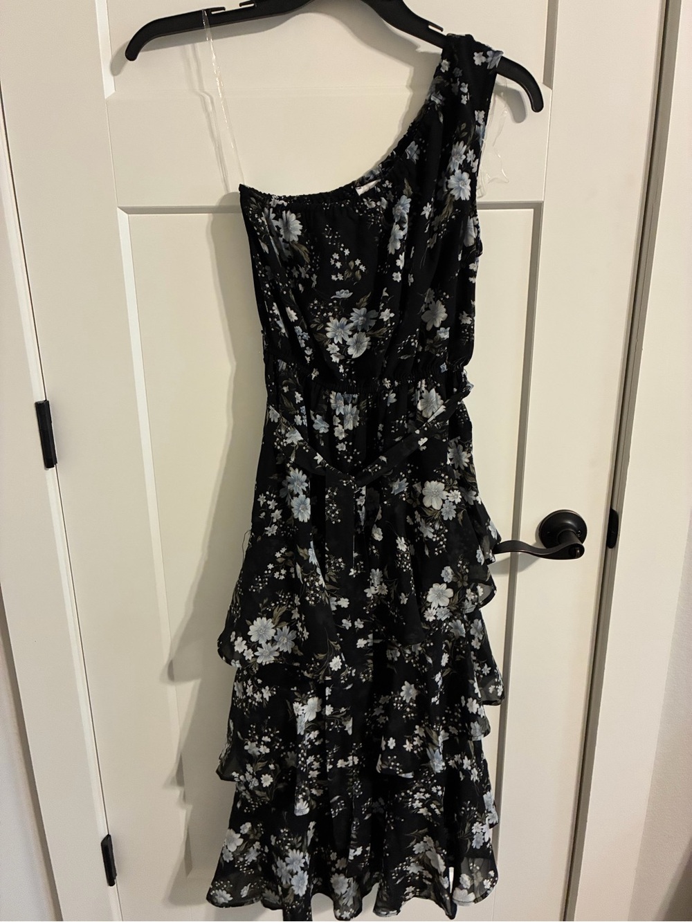 Petal & Pup Black One-Shoulder Floral Ruffle Midi Dress